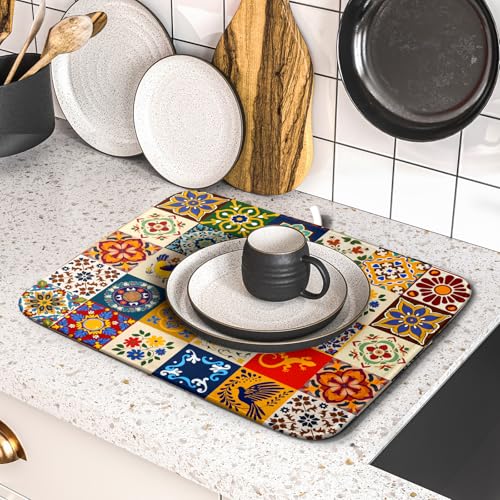 Mexican Tile Dish Drying Mat 16"x18" Talavera Boho Floral Print Dish Drainer Mats Rustic Ethnic Traditional Reversible Small Dish Drying Pad Protector for Kitchen Countertop Decor (18" x 16")
