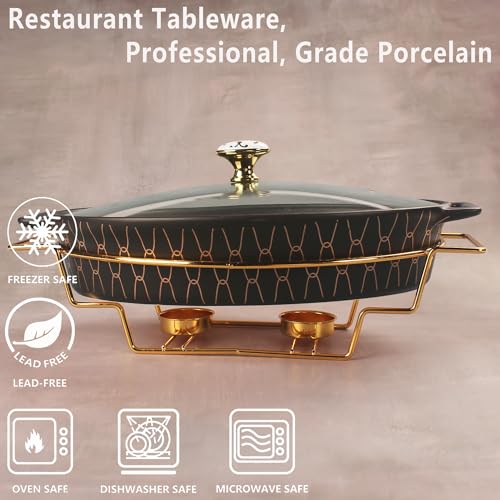 10" x 7" Ceramic Oval Casserole Dish with Glass Lid and Gold rack (Black with rack / 10" x 7")