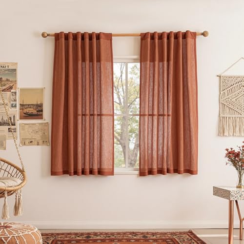 Sheer Linen Curtains 63 Inch Length for Bedroom (50"W x 63"L (Pack of 2) / Terracotta)