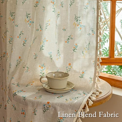 Boho Floral Linen Farmhouse Curtains 84 Inch Length 2 Panels Semi (Blue and Orange / 50"W x 84"L (Pack of 2))