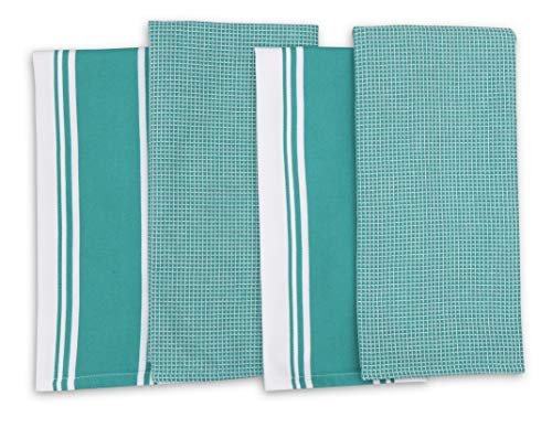 Cotton Kitchen Towels (Teal / 2 Stripe + 2 Waffle Towels)