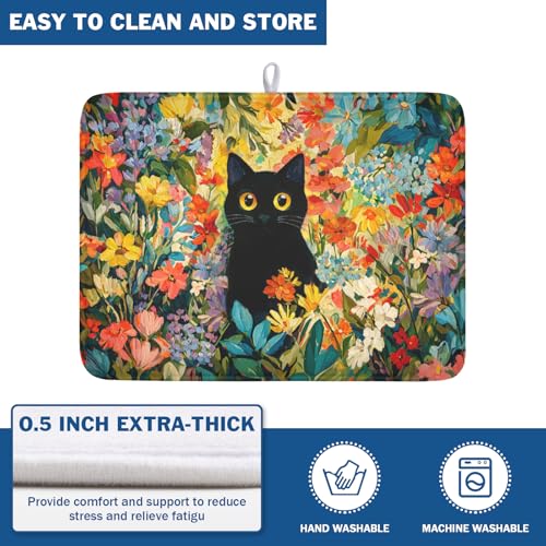 Spring Summer Floral Cat Dish Drying Mat for Kitchen Counter Abstract Oil Painting Wildflower Microfiber Dish Drainer Mat Rustic Absorbent Washable Drying Pad Extra Large 18"x24" (Colorful Floral / 24" x 18")