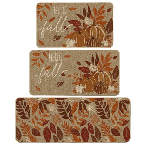 Maple Leaf Fall Kitchen Mats Set of 3 (17" x 29" /17" x 36" /17" x 47" / Orange)