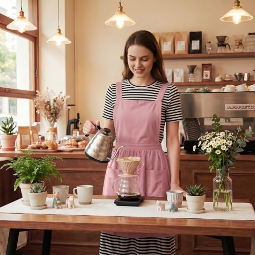 Linen Cotton Pinafore Apron Dress for Women with Pockets (Pink)