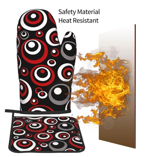 Retro Red Circles Oven Mitt and Pot Holder Set (Red and White Circle)
