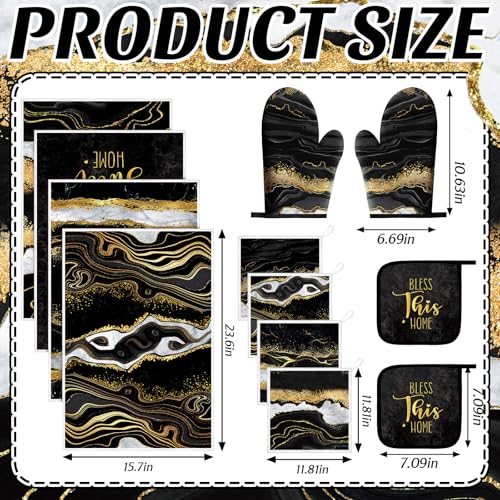 12 Pcs Marble Kitchen Decor and Accessories Sets 4 Black and Gold Marble Kitchen Towels 4 Farmhouse Absorbent Dishcloths 2 Pot Holders 2 Oven Mitts Gloves for Home Decor Mom Gifts (Black Gold / Marble Pattern)