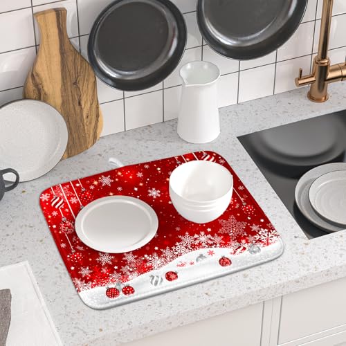 Xmas Balls Dish Drying Mat for Kitchen Countertop Winter Red White Snowflakes Dish Drainer Mats 16x18inch Reversible Dish Drying Rack Pad Protector for Dining Holiday New Year Decor (18" x 16")