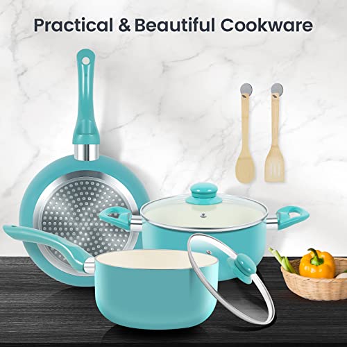 Pots and Pans Set 7 piece (Turquoise / 8" Skillet + 1.5QT Saucepan + 3QT Stockpot)