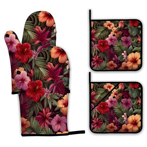 Tropical Palm Leaf Oven Mitts and Pot Holders Set (Tropical Palm Leaf Hibiscus)