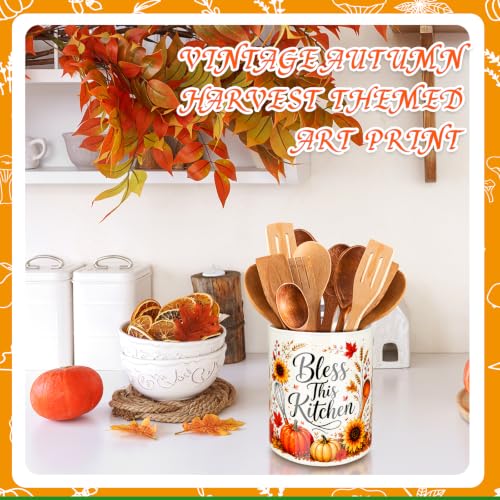 Fall Ceramic Utensil Holder for Kitchen Counter Autumn Utensil Crock with Pumpkin Sunflower Design for Farmhouse Thanksgiving Kitchen Decor (Sunflower)
