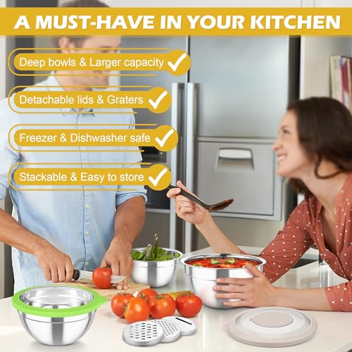 Mixing Bowls 3PCS Stainless Steel Serving Salad Bowls (Multicolor / Transparent Airtight Lids)