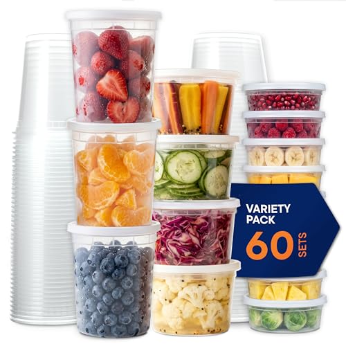 60 Sets] Plastic Deli Food Storage Containers with Airtight Lids Combo Set (60 Pack, 8/16/32 oz)