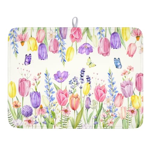 Spring Floral Dish Drying Mat for Kitchen Counter Easter Tulip Lavender Flower Microfiber Dish Drainer Mat Rustic Farmhouse Absorbent Washable Drying Pad Extra Large 18"x24" (Spring Summer Tulip / 24" x 18")