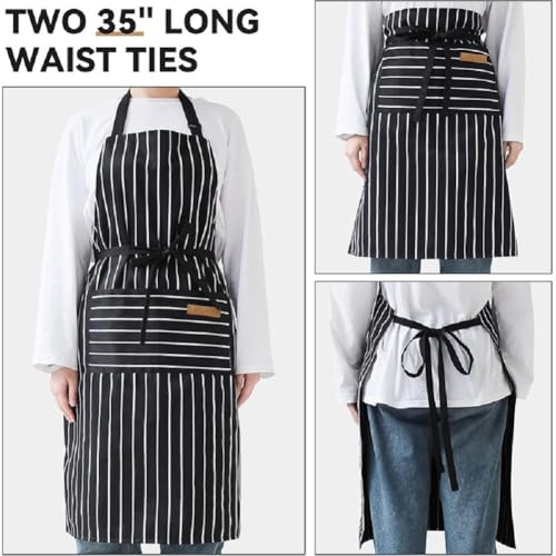 Chef Apron Bib Apron with 2 Large Pockets Adjustable Neck Strap Kitchen Apron Cooking Apron Stripes Baking Apron (Black Bold Stripes)