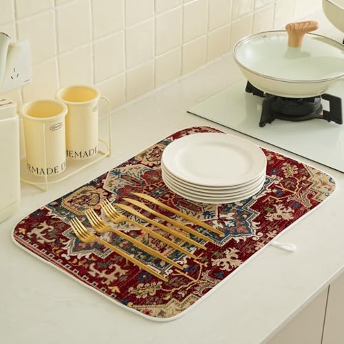 Burgundy Red Dish Drying Mat 18 x 24 inch Bohemian Rug Carpet Decorative Drying Mats Microfiber Absorbent Boho Dish Washable Draining Mat for Kitchen Counter Decor (18" x 24" / Burgundy Red Boho)