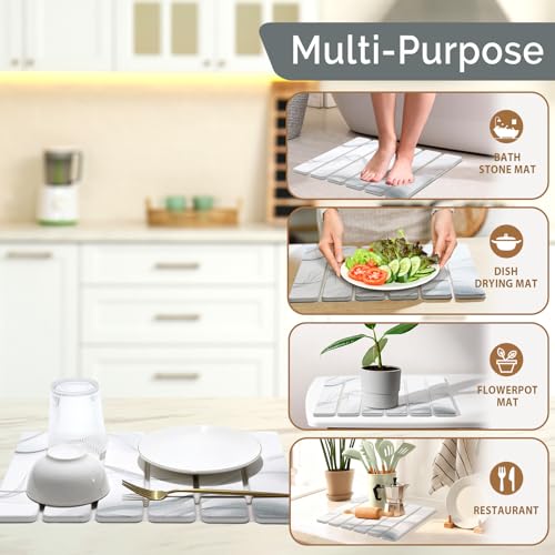 Small Stone Dish Drying Mat for Kitchen Counter (White Gray / 16" x 12")