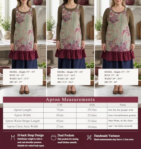 Vintage Aprons for Women with Pockets Cute Pinafore Apron Dress for Kitchen Cooking Baking Gardening (Floral Dark Red)