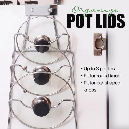 2-in-1 Pot Lid Organizer with Towel Holder - 2 Pack, 3-Tier Cabinet Door Rack - Space-Saving Kitchen Organizer for Glass or Metal Pan Lids & Towels - Over the Door Design - Chrome (Set of 2 / Chrome - Over the Door Design)