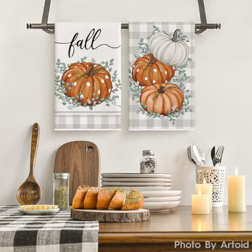 Pumpkin Leaves Fall Kitchen Towels Set of 2 18x26 Inch (Orange/White)
