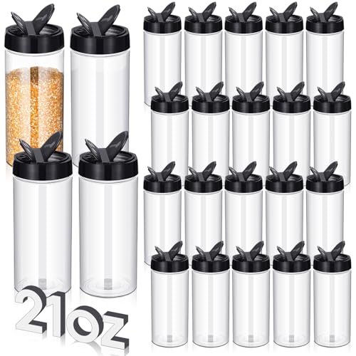 24 Pcs Plastic Spice Jars Clear Reusable Containers (Clear and Black / 21 oz / Cylinder)