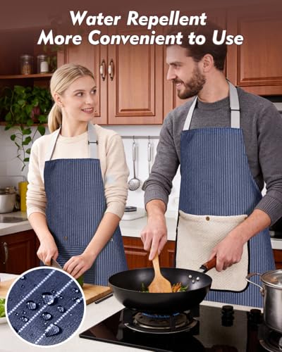 Waterproof Kitchen Apron with Pockets & Interchangeable Towels (Dark Blue)