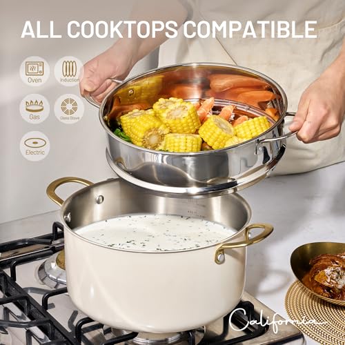 8QT Full Clad Tri Ply Stainless Steel Stock Pot with Lid (Cream White / 8 Quarts)