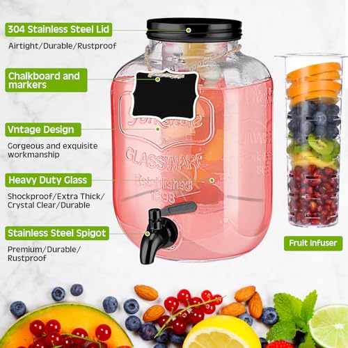 2 Pcs 2 Gallon Glass Drink Dispenser with Stand Ice Cylinder Hanging Chalkboard Signs 18 (Black Spigot)