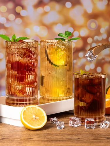 Amber Glassware Ribbed Drinking Glasses Set of 8 (Amber Ribbed Glassware 8pcs / 8pcs)