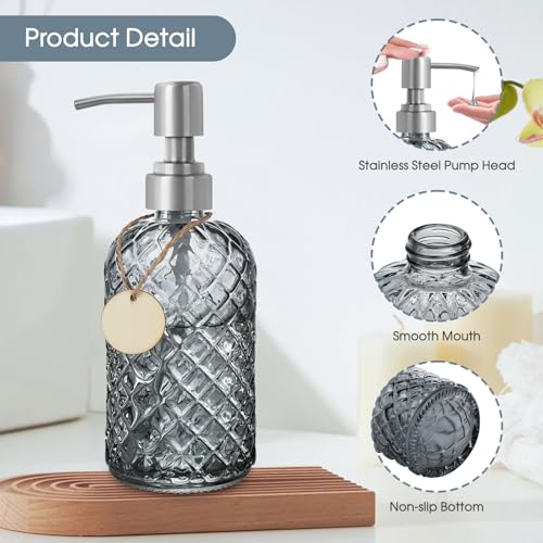 Gem Patterned Glass Soap Dispenser with Rust Proof Stainless Steel Pump (Stainless Steel Pump / Gem-grey)