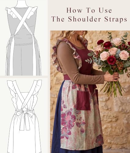 Vintage Aprons for Women with Pockets Cute Pinafore Apron Dress for Kitchen Cooking Baking Gardening (Ruffle Dark Red)