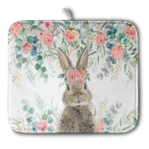 Easter Rabbit Dish Drying Mats for Kitchen Counter Easter Spring Watercolor Floral Bunny Absorbent Dish Drying Mat 16x18 Inch Absorbent Reversible Reusable Washable Dishes Drainer Mats (Easter Bunny Flowers / 16" x 18")