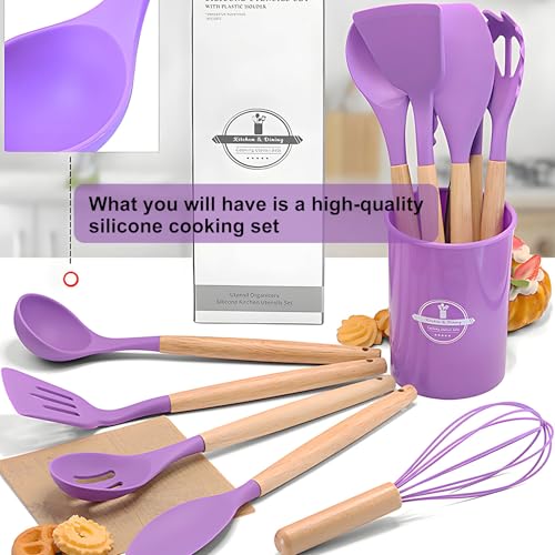 Kitchen Silicone Cooking Utensil Set with Wooden Handles Holder (Purple-Heavy duty Sets)
