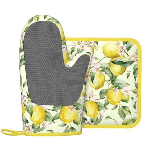 Lemon Silicone Oven Mitts Pan Mats Set of 2 (Black9)