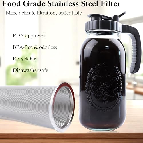 Cold Brew Coffee Maker Half Gallon 2 Set Glass Mason Jar Pitcher With Spout Lid Filter 2 Quart Wide Mouth Iced Tea Brewing Jug Heavy Duty Handle Airtight & Leak (2 Set)