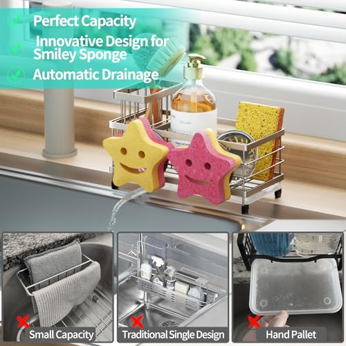 Sink Caddy Sponge Holder (Brushed Nickel / with Smiley Face Sponge Holder)