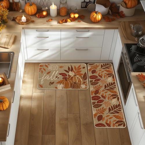 Vintage Pumpkin Fall Kitchen Mats Set of 2 (17" x 29" /17" x 47" / Orange)