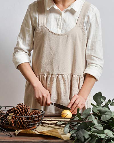 Japanese Cotton Cross Back Pinafore Apron for Women with Pockets Beige (08 - Beige Without Waist Ties)