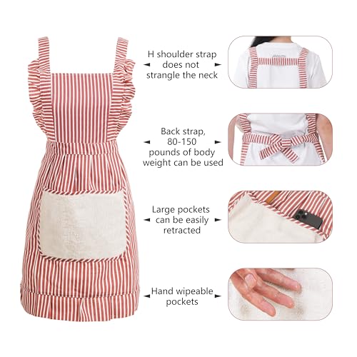 Cute Cotton Apron for Women (Medium / Red/Brown Striped)
