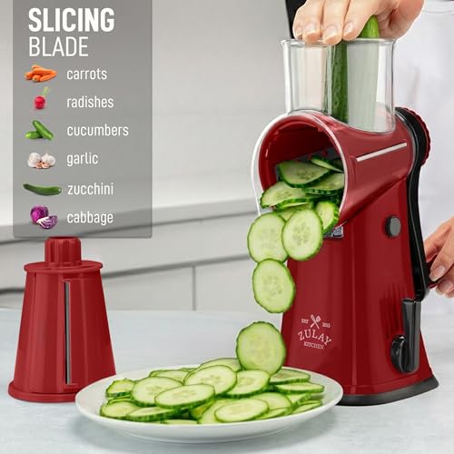Rotary Cheese Grater Manual Hand Crank 5 Blade Shredder (5 Blades / Red)