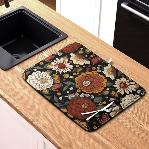 Vintage Floral Dish Drying Mat for Kitchen Counter Retro Sunflower Floral Absorbent Microfiber Dry Dish Mat Reversible Washable Dish Drainer Rack Mat 16x18 Inch (Vintage Sunflower Flora / 16" x 18")