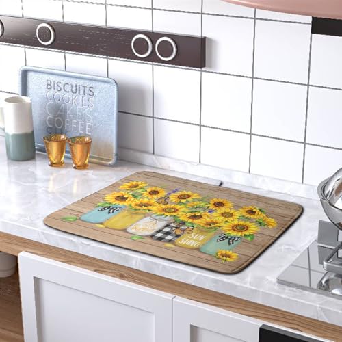 Sunflower Dish Drying Mat for Kitchen 18x24 Inch Counter Rustic Vintage Floral Vases Wood Grain Drying Mats Microfiber Absorbent Dishes Drying Pad Spring Summer Flowers Dish Drainer Rack Mat (Sunflower Vases / 18" x 24")