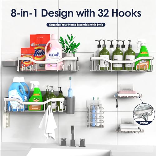 Shower Caddy Adhesive Shower Organizer 8 (Silver / 8-Piece Set)
