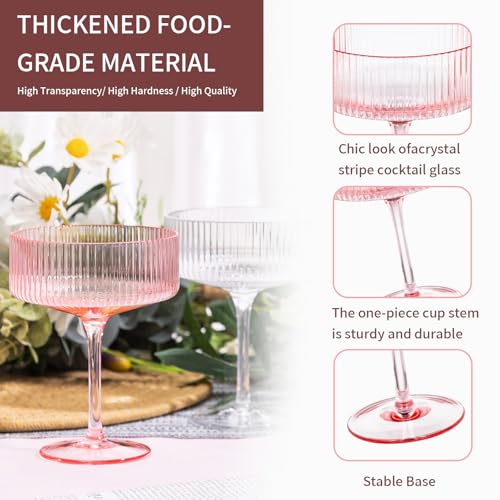 24 Pieces Martini Glasses 10.5oz Plasitc Ribbed Coupe Glasses Champagne Shatterproof Acrylic Vintage Cocktail Glassware Margarita Wine Glasses Disposable Cups for Parties Wedding Anniversary Bar Pink (Pink / 24 PCS)