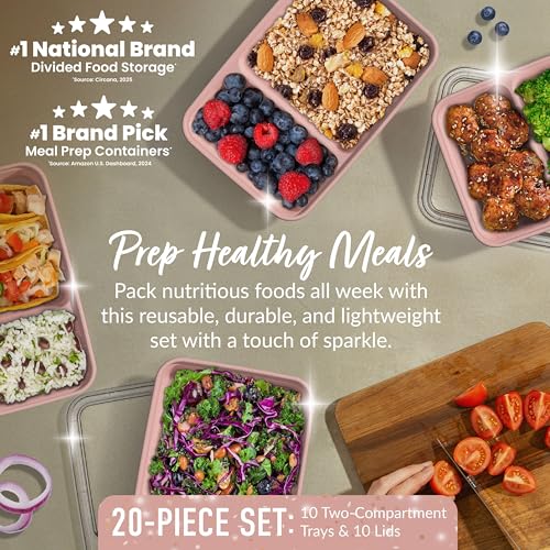 Prep - 20-Piece 2-Compartment Reusable Meal Prep Containers with Lids, PFAS & BPA Free Materials, Durable, Microwave, Freezer, & Dishwasher Safe To Go Food Storage (Sweet Pea Glitter) (Sweet Pea Glitter)