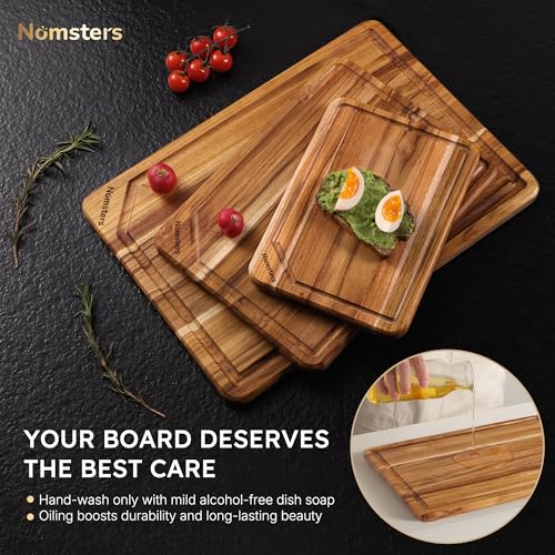 3 Pack Teak Wood Cutting Boards for Kitchen Wood Charcuterie Board Non Slip (Set of 3 with Holder)
