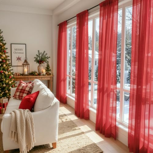 4 Panels Red Christmas Sheer Curtains 42 x 108 Inches (42"W x 108"L (Pack of 4) / Red)