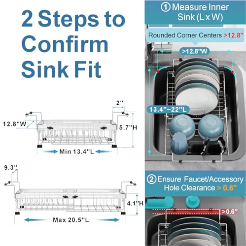 Over Sink Dish Drying Rack (Silver / 12.8"W | Fits Inner Sink 13.4"-22"L)
