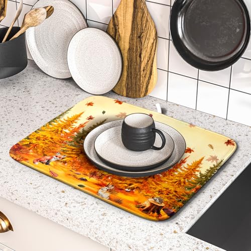 Autumn Drying Matt Kitchen Counter Small Absorbent Coffee Mat Fall Forest Microfiber Drying Mat for Holiday Decor (Autumn Forest Yellow / 18" x 16")