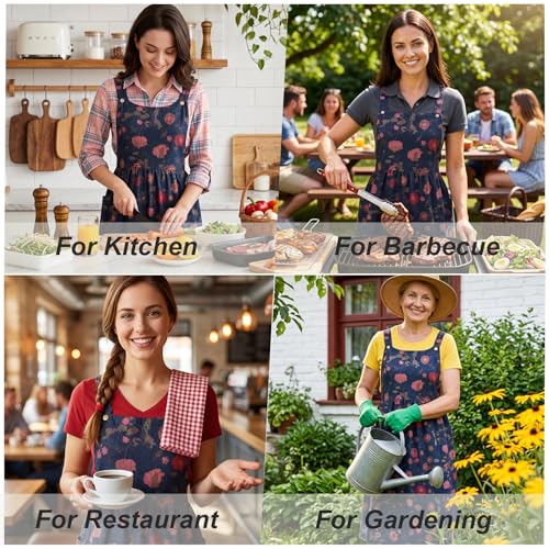 Vintage Apron for Women with Pockets Adjustable Straps for Kitchen (Navy Floral)
