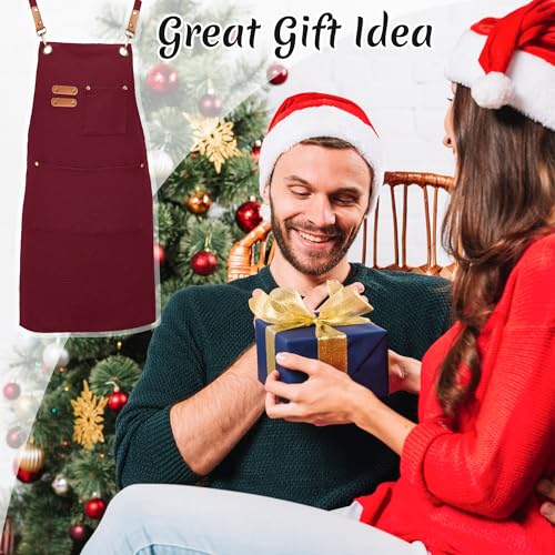 Chef Canvas Aprons with 3 Large Pockets Adjustable Strap for Men Women Red (Red)